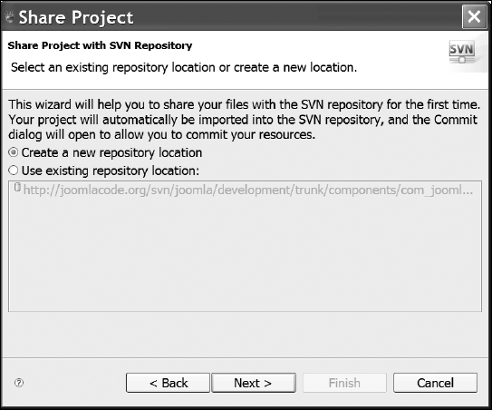 Select the "Create a new repository location" to point Eclipse at your repository.