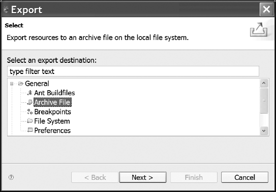 The Export options window provides the Archive selection to create a ZIP archive of all the project files.