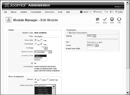 Setting the Syndication module parameters will configure the feed output file.
