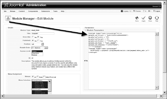 The Mod HTML administration screen provides the HTML parameter where any code can be entered.