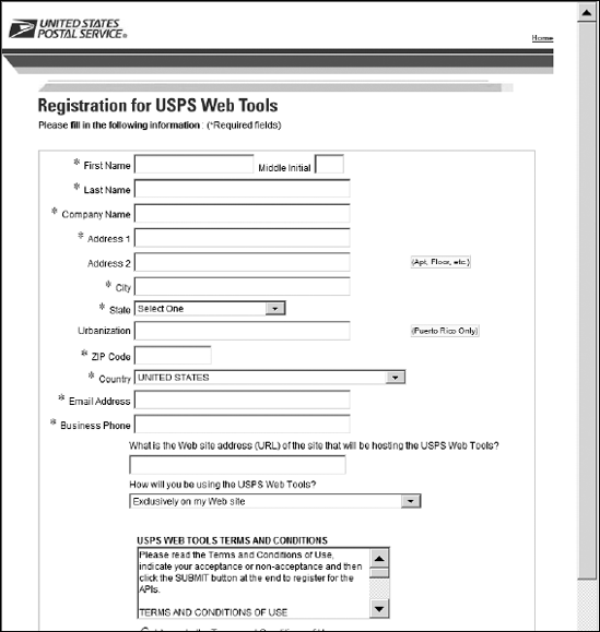 The USPS Web tools registration screen asks for basic information.
