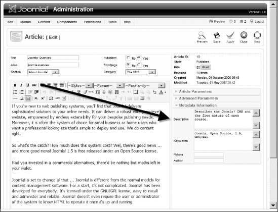 In the Metadata Information pane of the Article Editor, parameters including page description, keywords, robot settings, and author notation can be set.