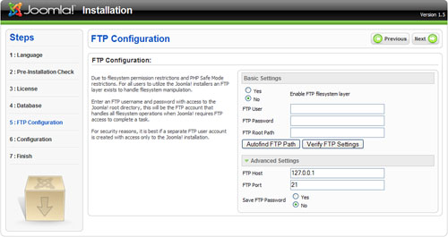 The FTP Configuration screen