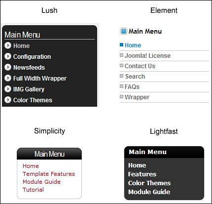 Four different styles of menu in different templates