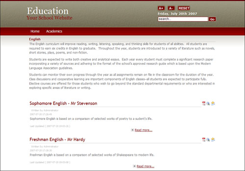 Screenshot of English department page
