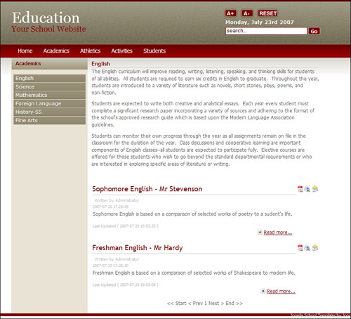 English department page with left-column submenu