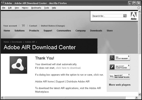 The Adobe AIR download page, which also provides links to sample AIR applications.