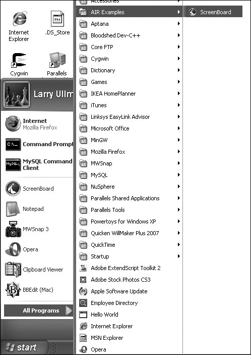 AIR applications are listed among All Programs on the Windows Start menu.