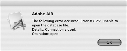 The application spits out this error message if there is a problem connecting to the database. (I removed the database file to make this error happen.)