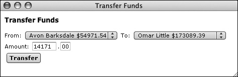 To transfer funds from one account to another, the accounts are selected using the pull-down menus, and the transfer amount is entered into the text boxes.