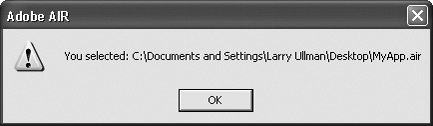 After the user selects a file from the computer, its full path is displayed in an alert.