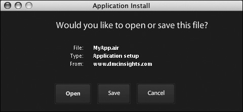 When the user clicks on the badge, the user will be given the choice of opening the file (i.e., installing it immediately), saving it, or canceling the operation.