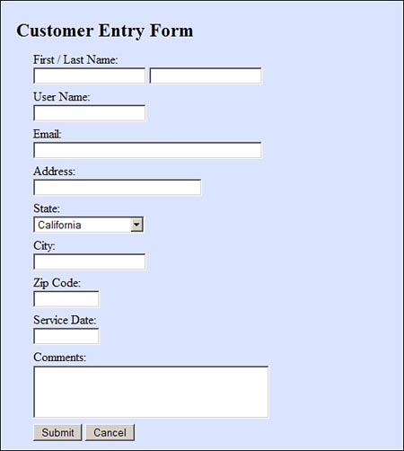 Standard HTML customer entry form