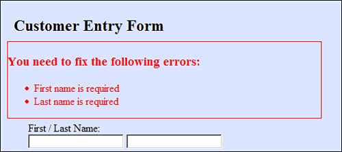 Typical error messages for a form