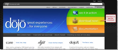 Screenshot of Dojo home page