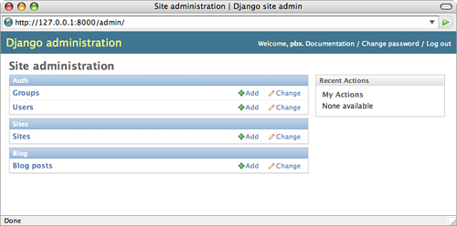The admin home page