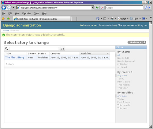 Viewing the list of stories in the admin; note the available filters