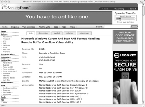 A sample security alert from SecurityFocus.