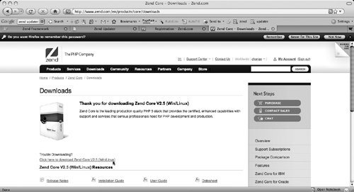 The Zend Core download page.