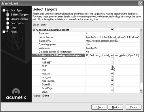 The Select Targets screen.