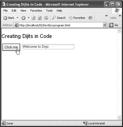 Displaying a message in a text box created with JavaScript code.