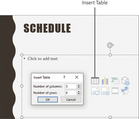 The Insert Table dialog box open above a content placeholder