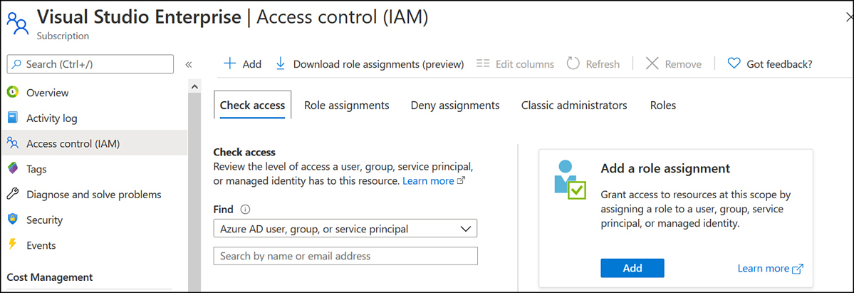 This screenshot shows the Access control (IAM) node selected for a specific subscription.