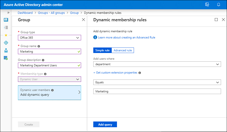 This screenshot shows the configuration of dynamic group membership in the Azure AD Console.