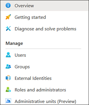 This screenshot shows the menu blade when the Azure Active Directory blade is opened in the Azure portal.