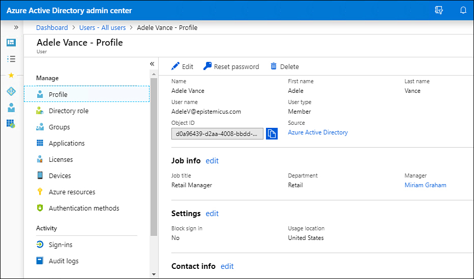 This screenshot shows the user properties page of the Azure Active Directory admin center.