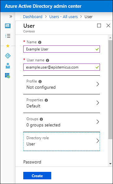 This screenshot shows the New User properties page in the Azure AD admin center.