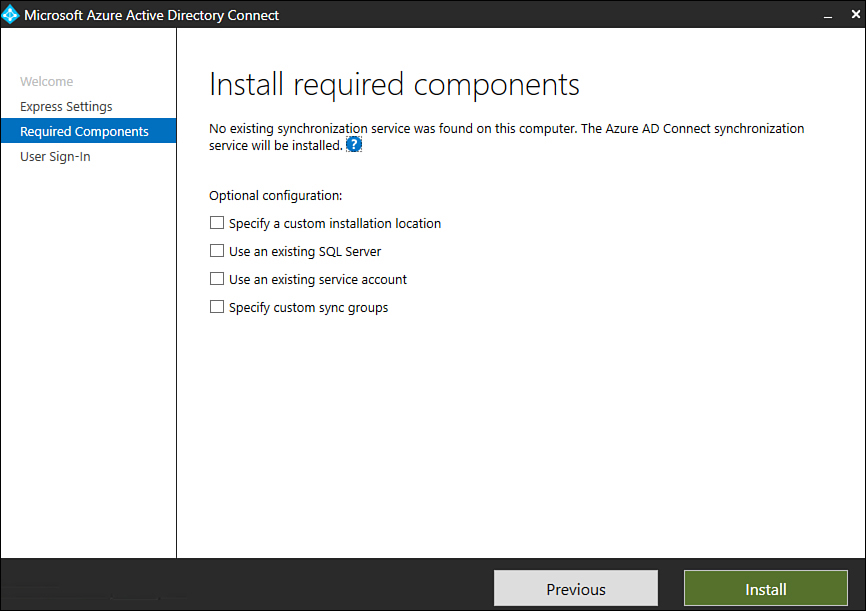 This screenshot shows the Install Required Components page of the Azure AD Connect installation wizard.