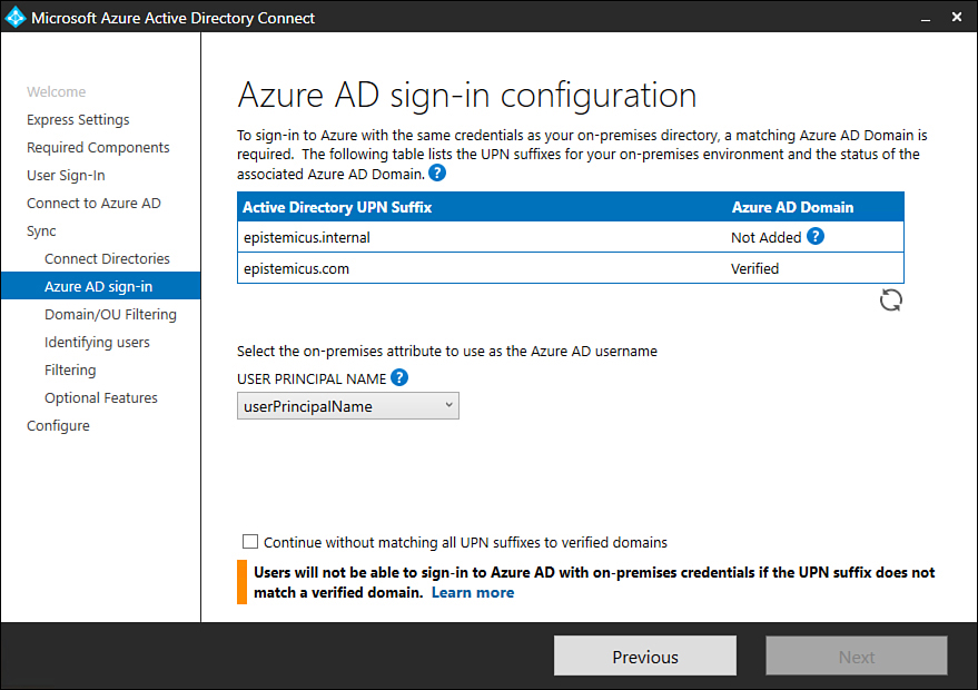 This screenshot shows the Azure AD Sign-In Configuration page of the Azure AD Connect setup wizard.