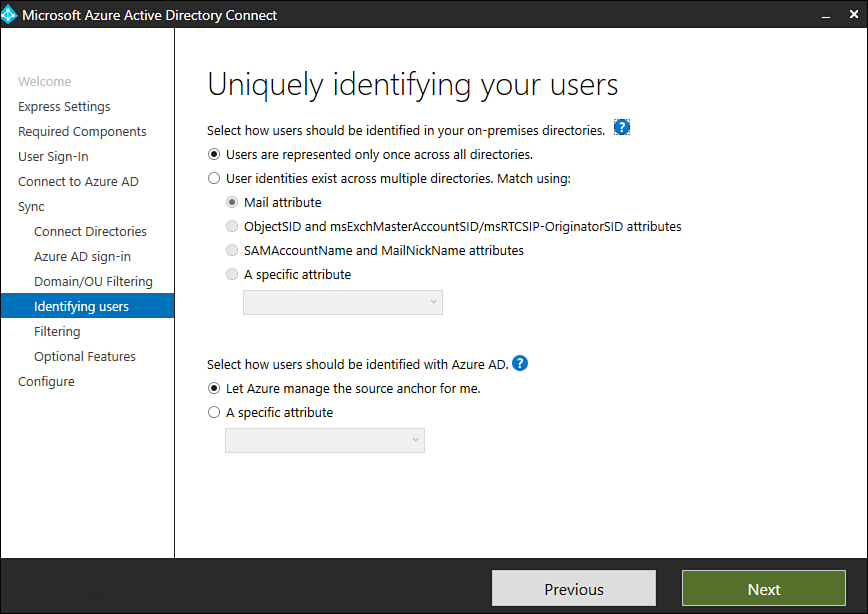 This screenshot shows the Uniquely Identifying Your Users page of the Azure Active Directory connect set up wizard.