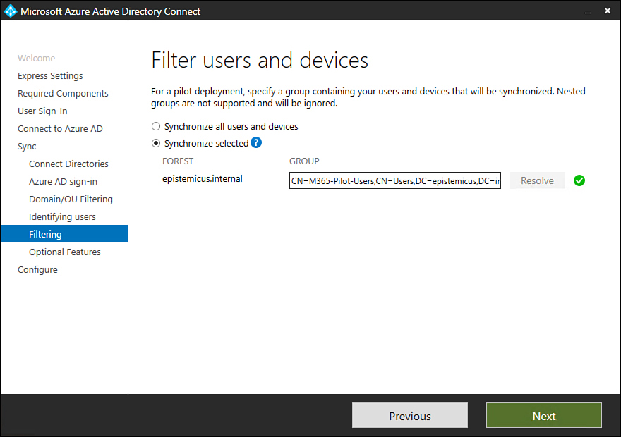 This screenshot shows the Filter Users And Devices page of the Azure AD Connect set up wizard.
