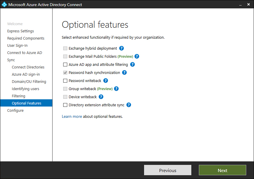 This screenshot shows the Optional Features page of the Azure AD Connect set up wizard.