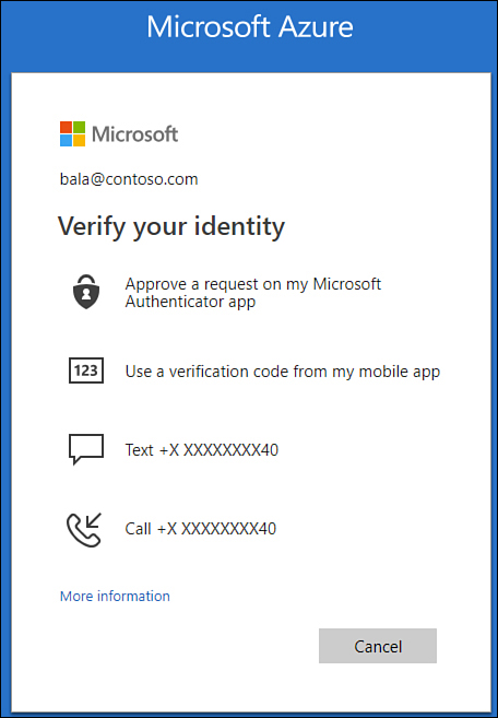This screenshot shows a dialog box for setting up identity verification for the bala@contoso.com account.