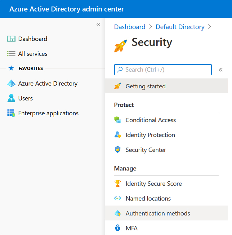 This screenshot shows the Security menu in the Security section of the Azure AD portal.