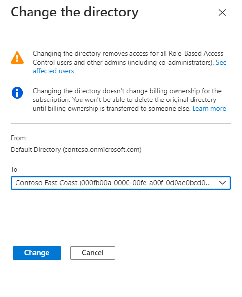 This screenshot shows the change the directory dialog box. The directory is being changed from the contoso.onmicrosoft.com default Azure AD Tenancy to the Contoso East Coast Azure AD Tenancy.