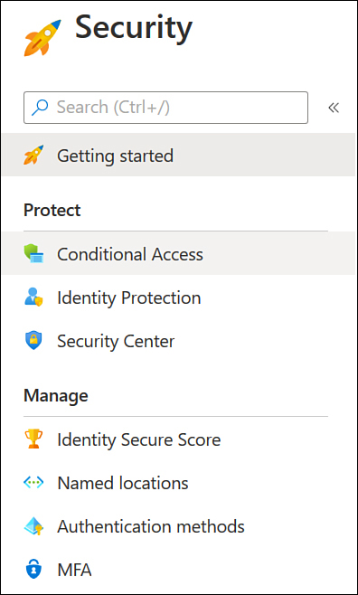 This screenshot shows the Security blade for Azure AD with Conditional Access highlighted.