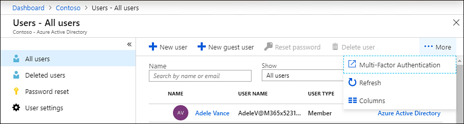 This screenshot shows the option in the Users—All users console of Azure AD admin center to enable multifactor authentication.