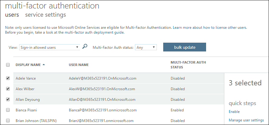 This screenshot shows the list of users configured for multifactor authentication, with one user enabled and three users currently selected.