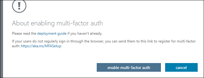 This screenshot shows the Enabling Multi-factor Auth dialog box.