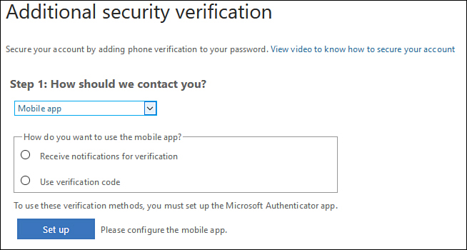 This screenshot shows the Additional Security Verification dialog box with Mobile App selected.