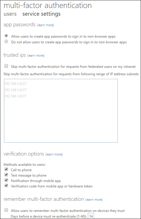 This screenshot shows the Multi-Factor Authentication service settings page, with all methods available to users enabled.