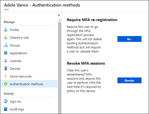This screenshot shows the authentication methods available for user Adele Vance in the Azure AD admin center.