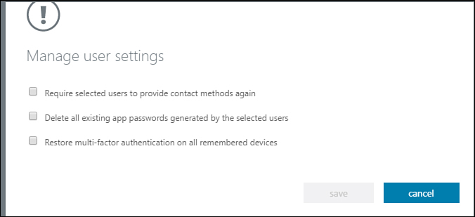 This screenshot shows the Manage User Settings dialog box when enabling multifactor authentication.