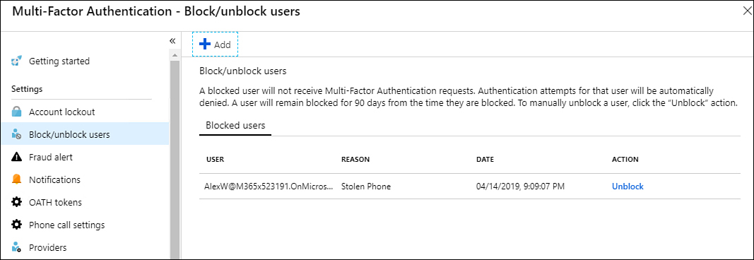This screenshots shows the Block/Unblock Users page of the Multi-Factor Authentication blade in Azure AD admin center.