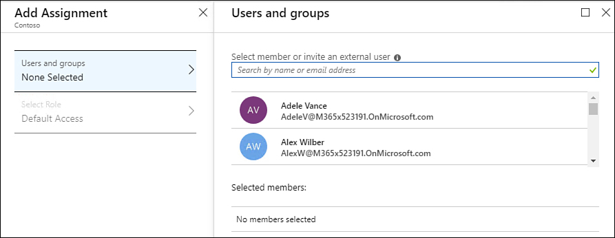 This screenshot shows the Add Assignment pane on the left and the Users And Groups pane at the right, where two users are shown.