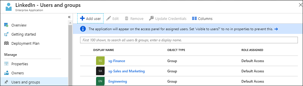 This screenshot shows the users and groups that have been assigned access to a specific enterprise application in the Azure AD application proxy.